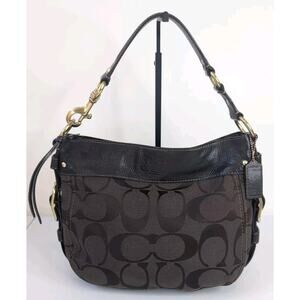 Authentic Coach Zoe Jacquard Canvas Leather Brown Hobo Purse With Dust Bag